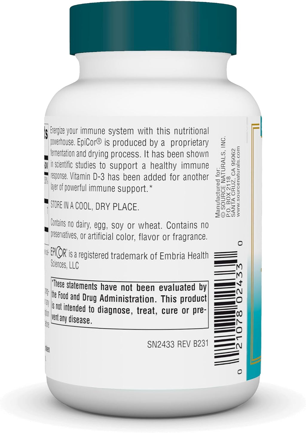 Source Naturals Wellness EpiCor con Vitamina D-3 - 60 Cápsulas