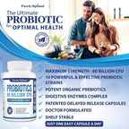 Purely Optimal Probióticos para la Salud Digestiva, 60 mil millones de UFC – Liberación retardada con enzimas digestivas y prebióticos orgánicos – Apoyo contra la hinchazón, inmunidad y energía, 30 cápsulas