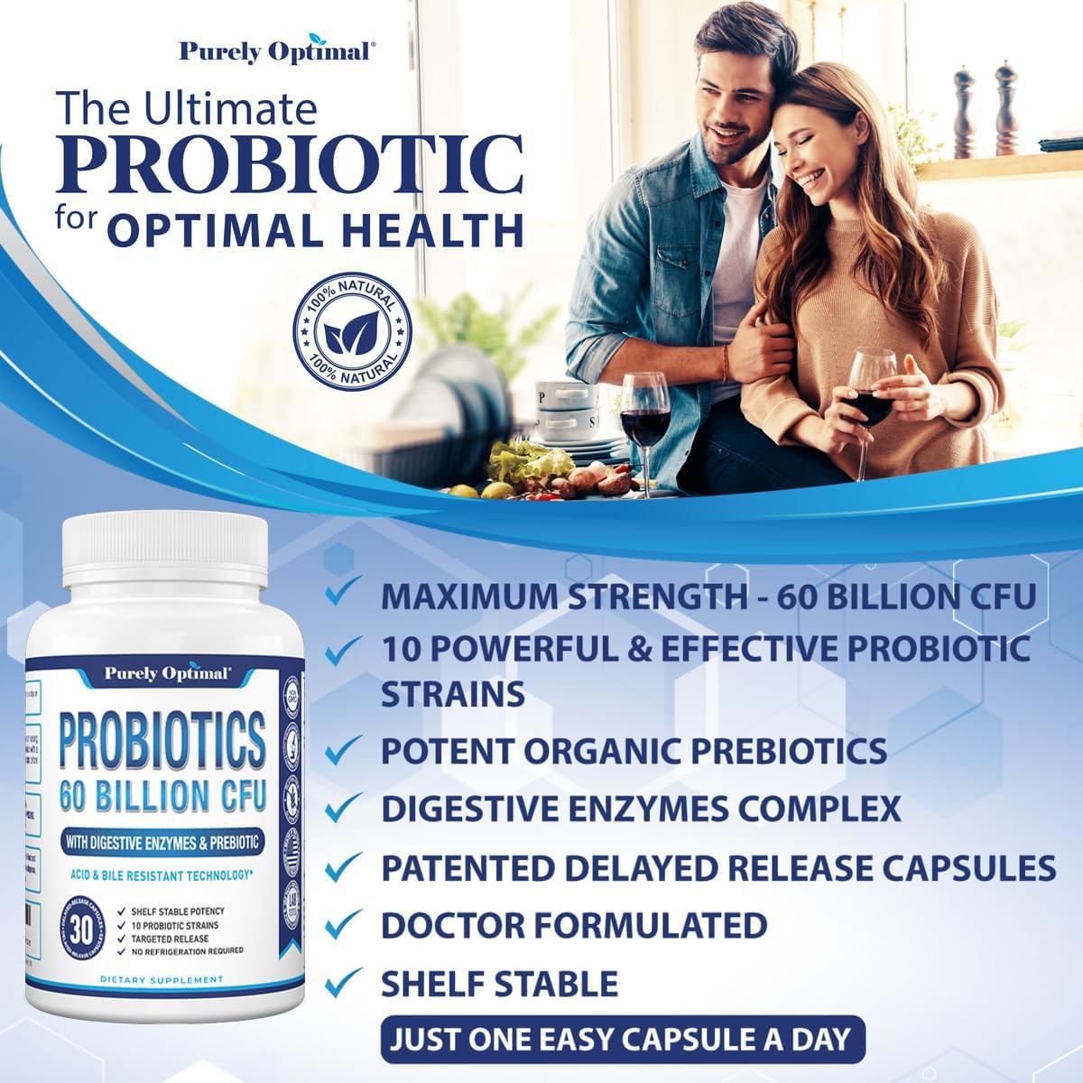 Purely Optimal Probióticos para la Salud Digestiva, 60 mil millones de UFC – Liberación retardada con enzimas digestivas y prebióticos orgánicos – Apoyo contra la hinchazón, inmunidad y energía, 30 cápsulas