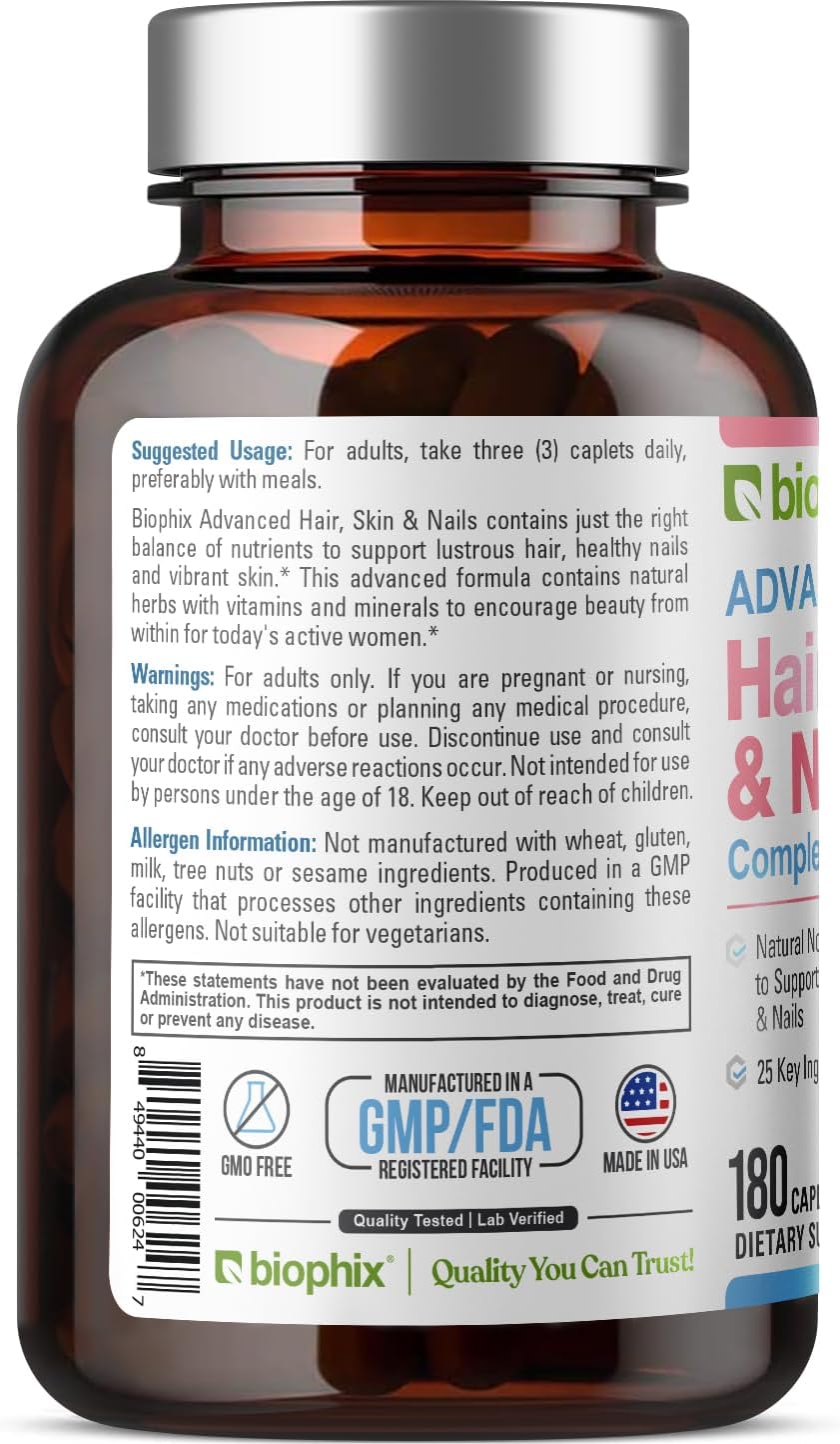 biophix Hair Skin and Nails Complex - 180 Caplets con 10.000 mcg de Biotina