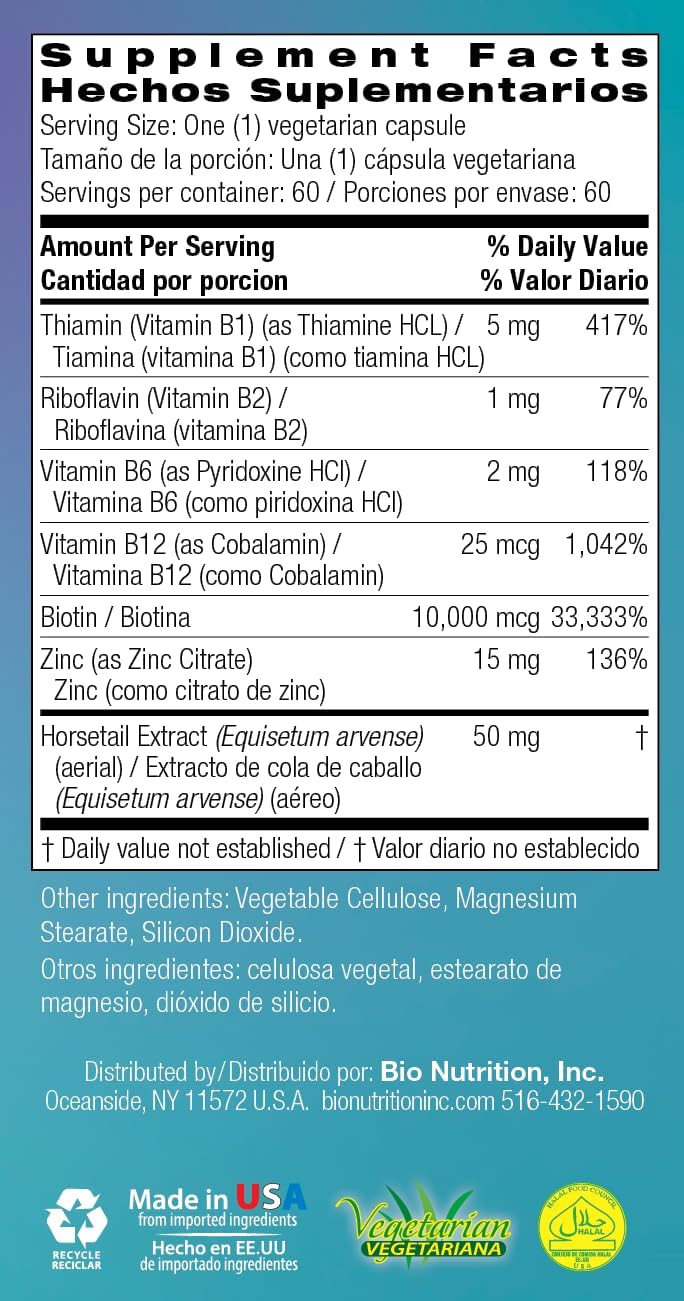 Bio Nutrition Healthy Hair Biotin Vegi-Caps, 60 Cápsulas