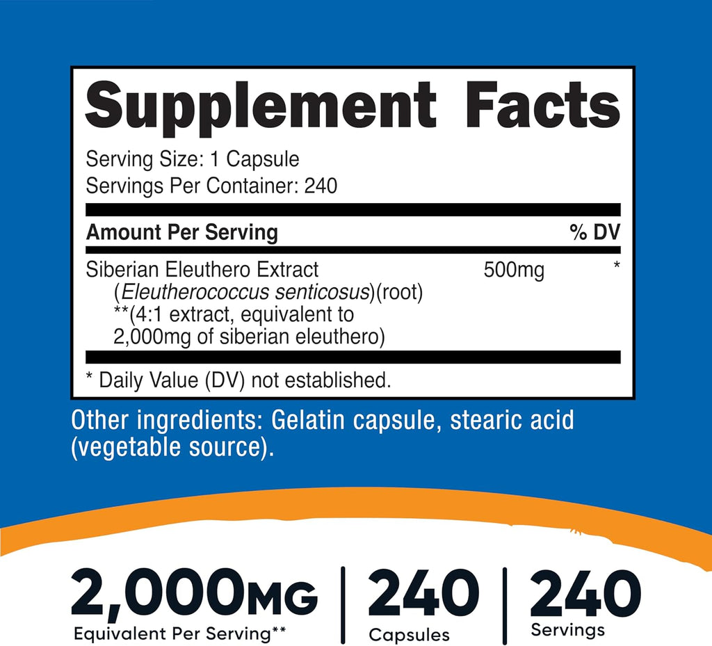 Nutricost Siberian Eleuthero 500mg, 240 Cápsulas - Eleutherococcus Senticosus