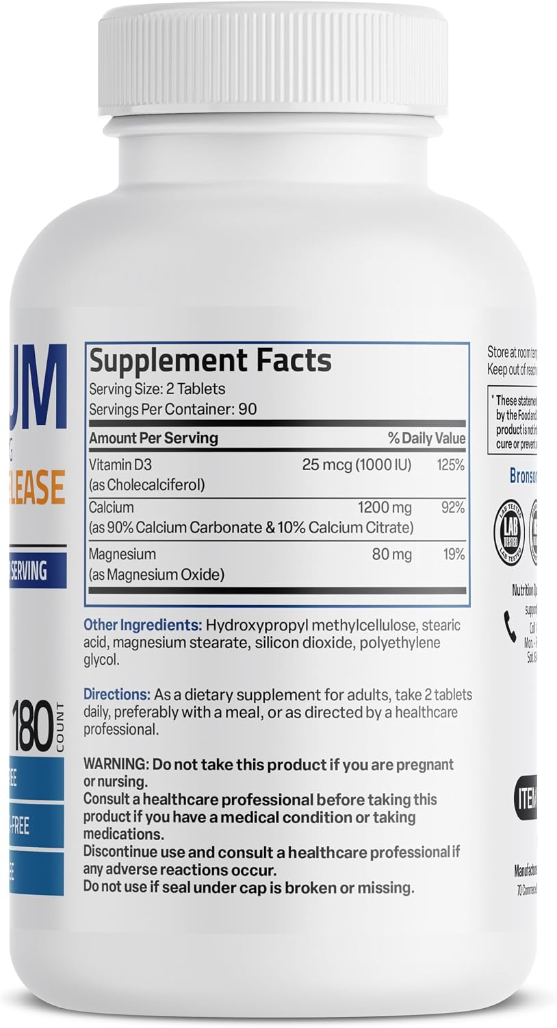 Bronson Calcio 1200 mg con Vitamina D3 1000 UI y Magnesio - Liberación Sostenida, 180 Comprimidos