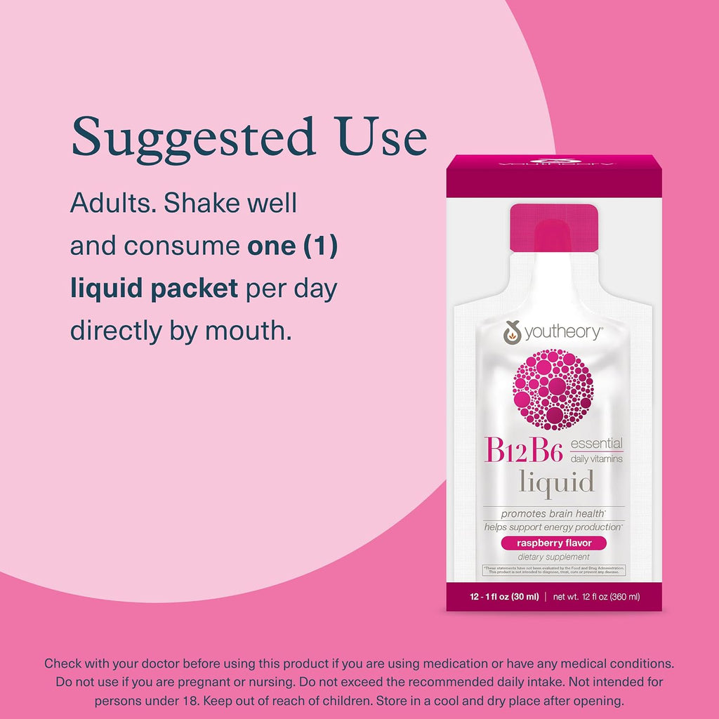Youtheory Vitamina B12 + B6, Complemento para Energía y Apoyo Cerebral, Sabor a Frambuesa, 12 Sobres Individuales de 30 ml