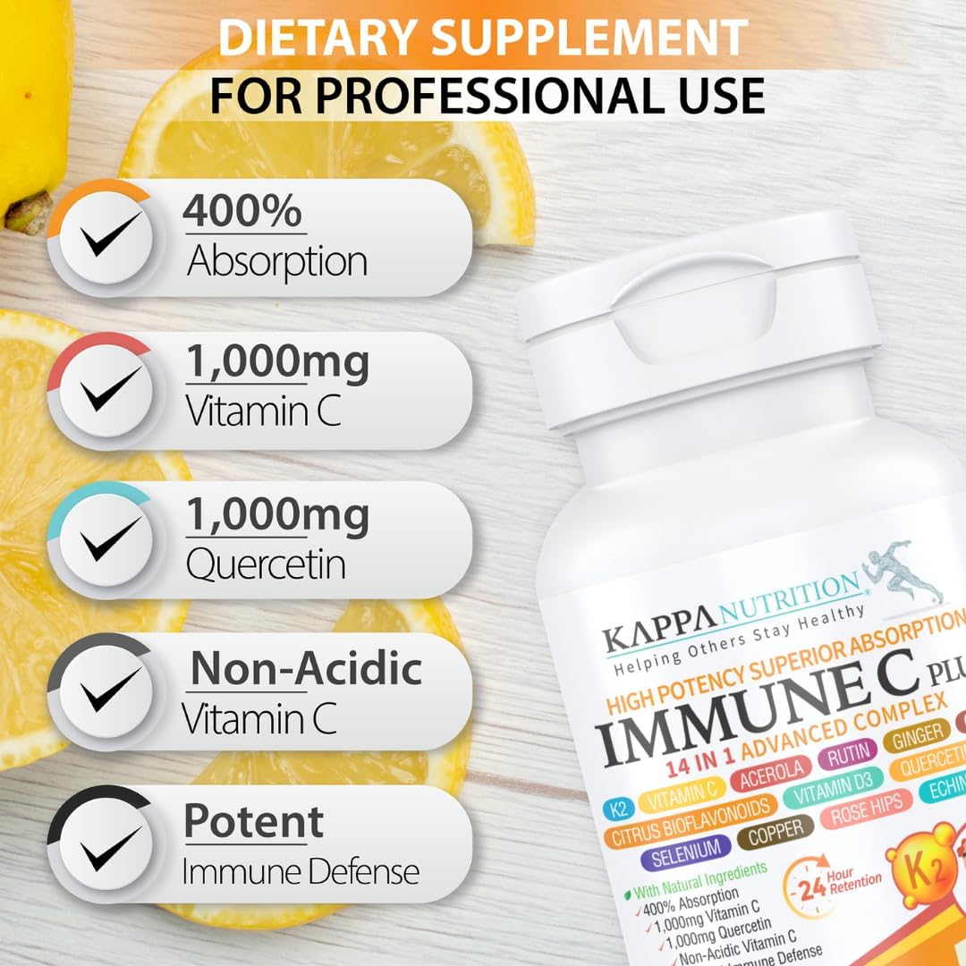 Immune C Plus 14 en 1 – Quercetina 1000mg, Vitamina C 1000mg, Zinc 50mg, Vitamina D3 5000 UI, Selenio, Cobre, Acerola, Jengibre, Rutina, Naranja Amarga, Escaramujo, Equinácea (120 Cápsulas)