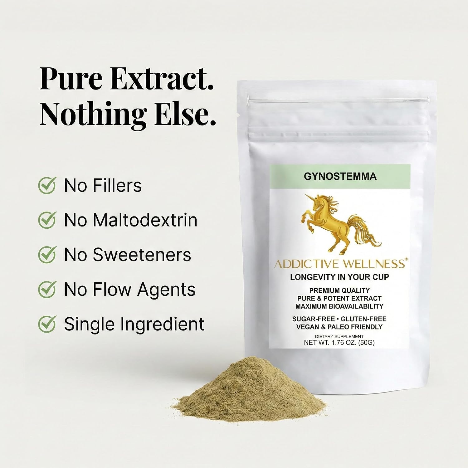 Addictive Wellness Gynostemma Leaf Extract Powder - Extracto Puro de Jiaogulan, Adaptógeno para Energía, 1 Sobre
