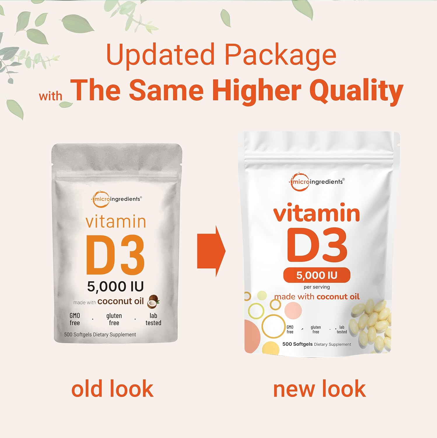 Micro Ingredients Vitamina D3 5.000 UI, 500 Cápsulas Blandas con Aceite de Coco Virgen | No Transgénico