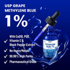 Gotas de Azul de Metileno, Grado Farmacéutico para Humanos, Suplemento Líquido para la Salud Cerebral con PQQ, CoQ10, Vitamina C, Extracto de Pimienta Negra para Apoyo Cognitivo, Grado USP 1%, 60 ml