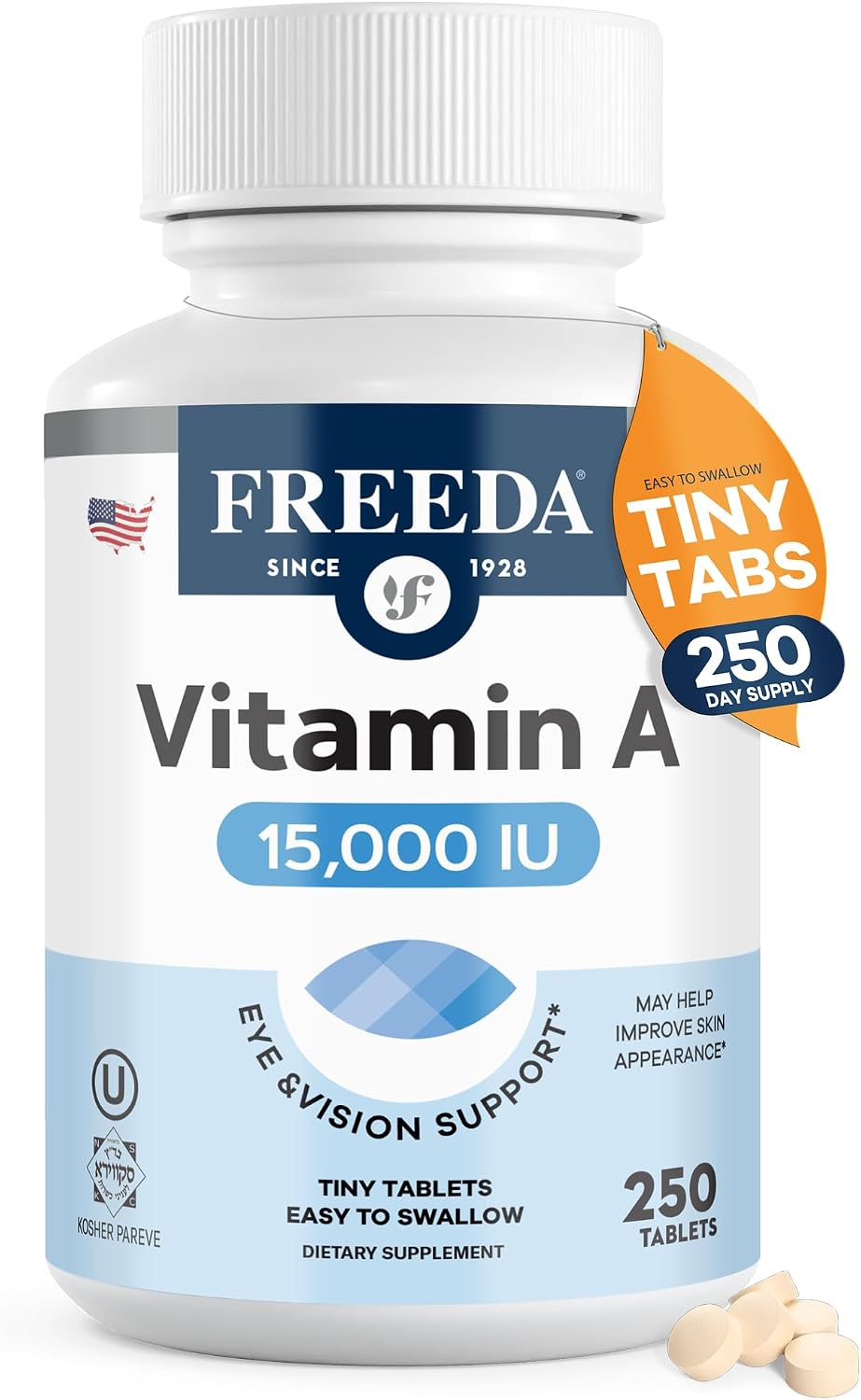 Freeda Vitamin A 15,000 IU – Retinyl Palmitate – Vegan, Kosher – Vision, Skin & Immunity Support – 250 Tablets