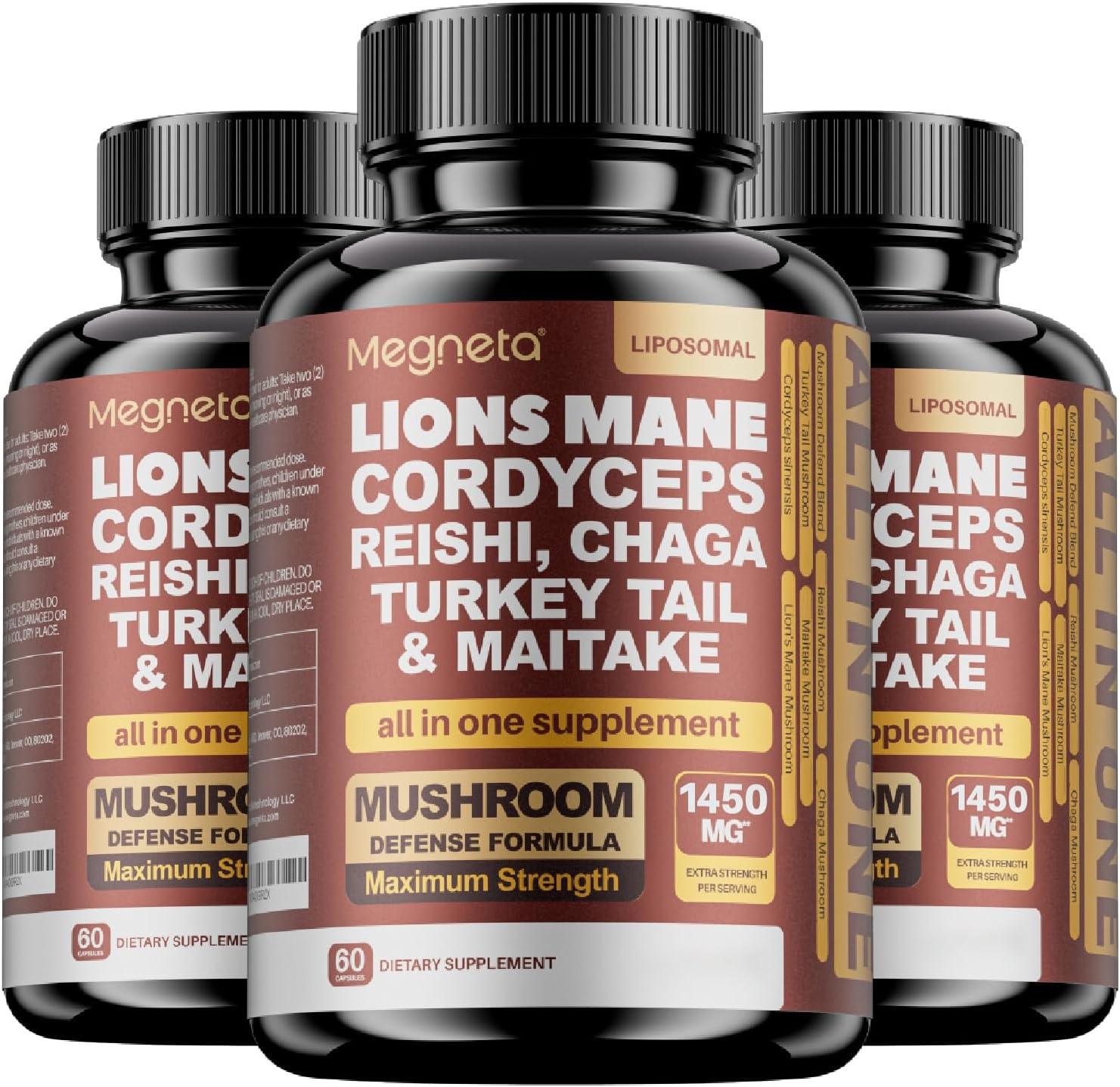 MEGNETA 22 en 1 Hongos Multivitamínicos, Lion's Mane, Cordyceps, Reishi, Turkey Tail, 180 Cápsulas