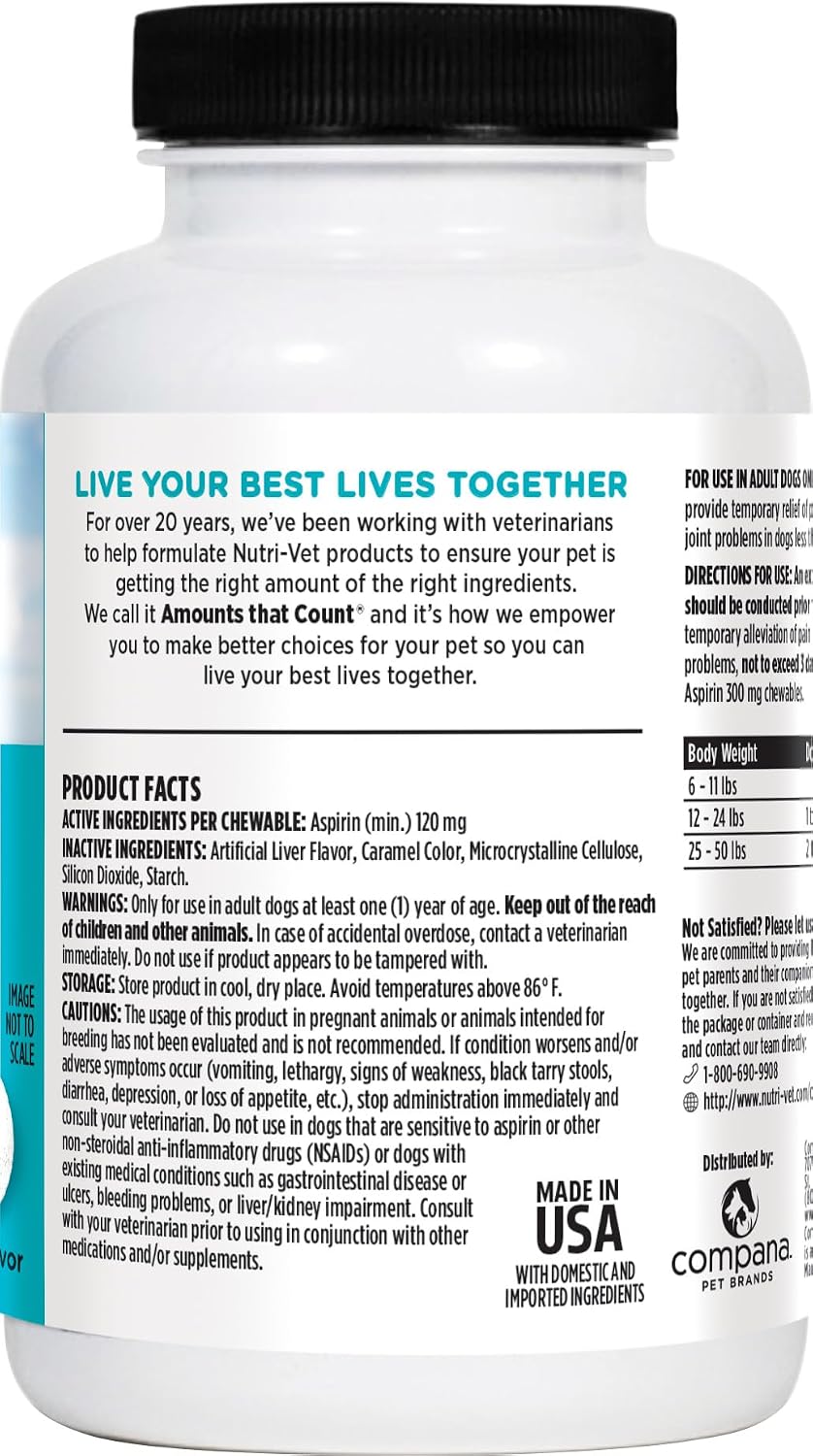 Nutri-Vet Aspirina para Perros, Alivio del Dolor Articular, 120mg, 100 Comprimidos