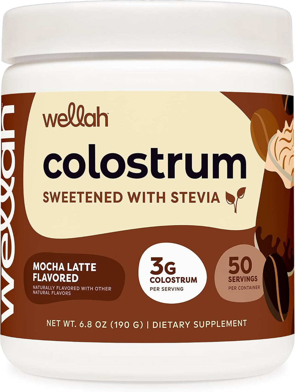Wellah Calostro Sabor Rollo de Canela (50 porciones) - Endulzado con Stevia, 3g de Calostro por Porción