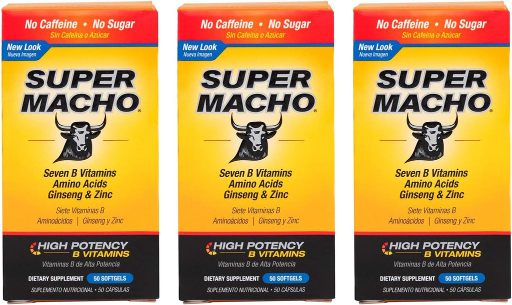 Super Macho Suplemento Alimenticio con Zinc de Alta Potencia y 7 Vitaminas B, Sin Conservantes, Azúcar ni Cafeína, 50 Cápsulas Blandas (Paquete de 3)