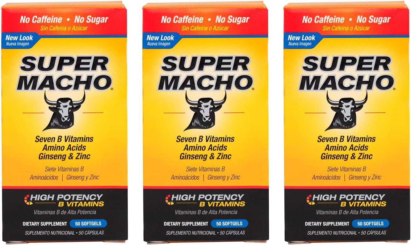 Super Macho Suplemento Alimenticio con Zinc de Alta Potencia y 7 Vitaminas B, Sin Conservantes, Azúcar ni Cafeína, 50 Cápsulas Blandas (Paquete de 3)
