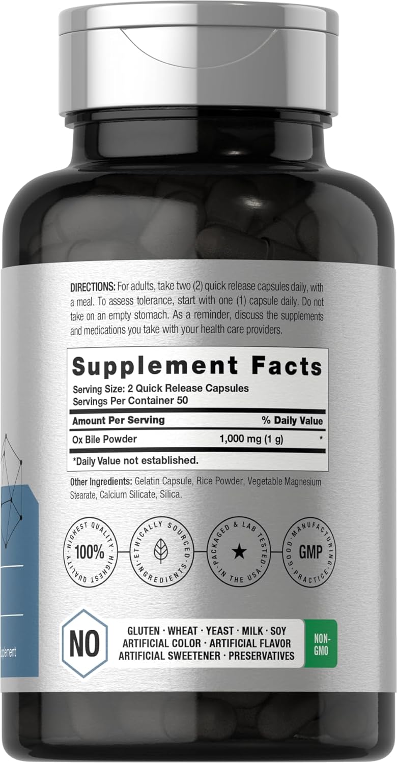Horbäach Suplemento de Bilis de Buey | 1000mg | 100 Cápsulas | Digestivo Enzimático | No-GMO y Sin Gluten