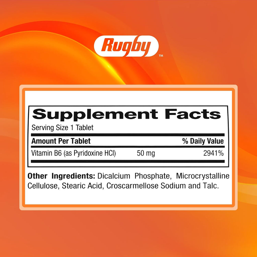 Rugby Vitamina B6 50 mg, 1000 Tabletas - Sin Gluten, Sin Conservantes