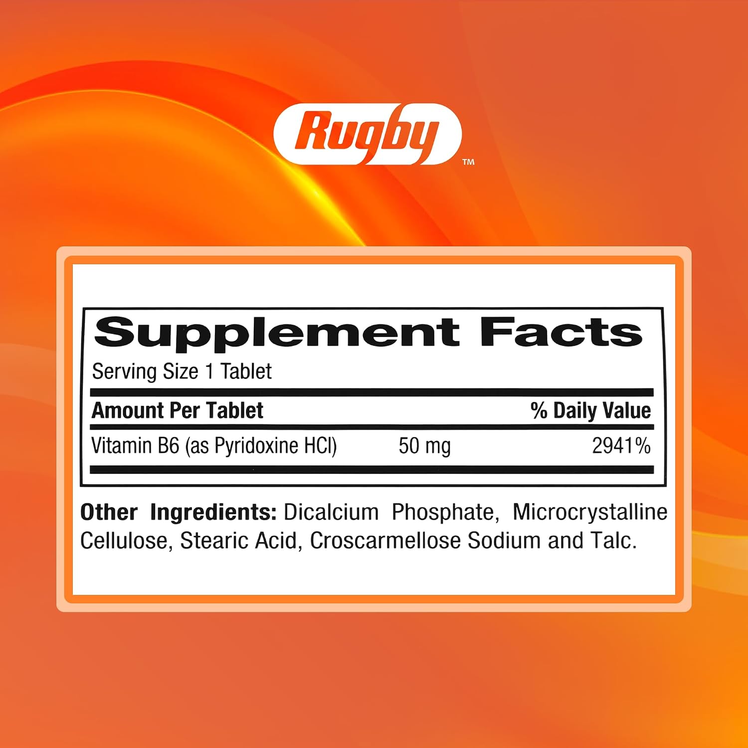 Rugby Vitamina B6 50 mg, 1000 Tabletas - Sin Gluten, Sin Conservantes