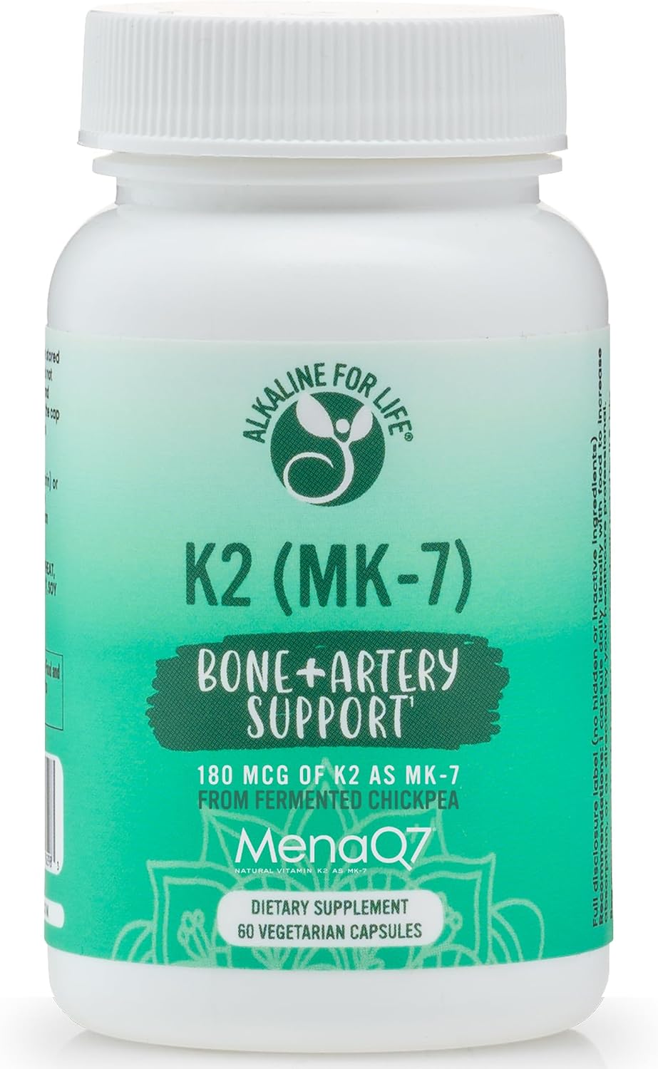Alkaline for Life Vitamina K2 MK-7 MenaQ7 | 180 mcg Menaquinona-7 de Garbanzo Fermentado | Apoyo Óseo y Vascular | K2 MK7 Patentado, Sin Soja, No-GMO, Sin Gluten | Cápsulas Vegetarianas | 60 Unidades