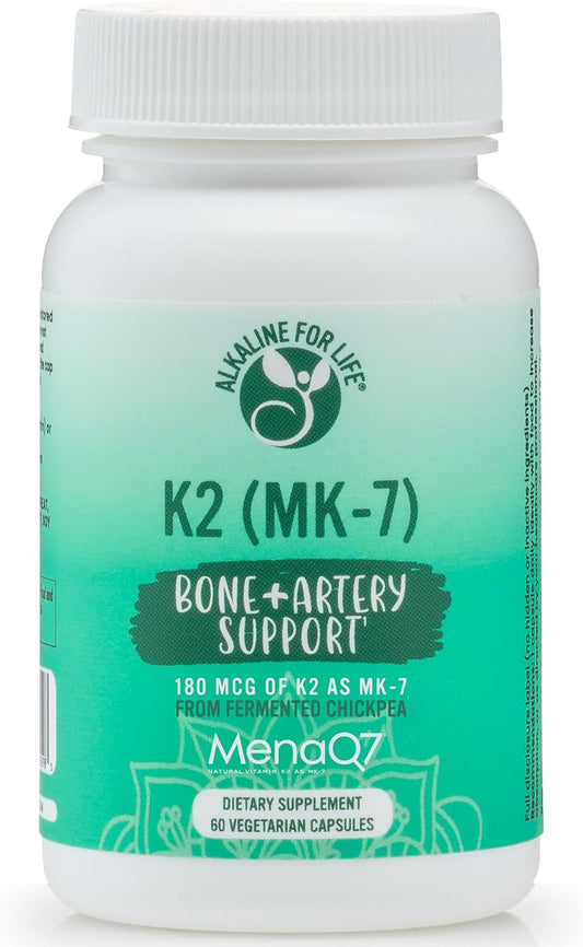 Alkaline for Life Vitamina K2 MK-7 MenaQ7 | 180 mcg Menaquinona-7 de Garbanzo Fermentado | Apoyo Óseo y Vascular | K2 MK7 Patentado, Sin Soja, No-GMO, Sin Gluten | Cápsulas Vegetarianas | 60 Unidades