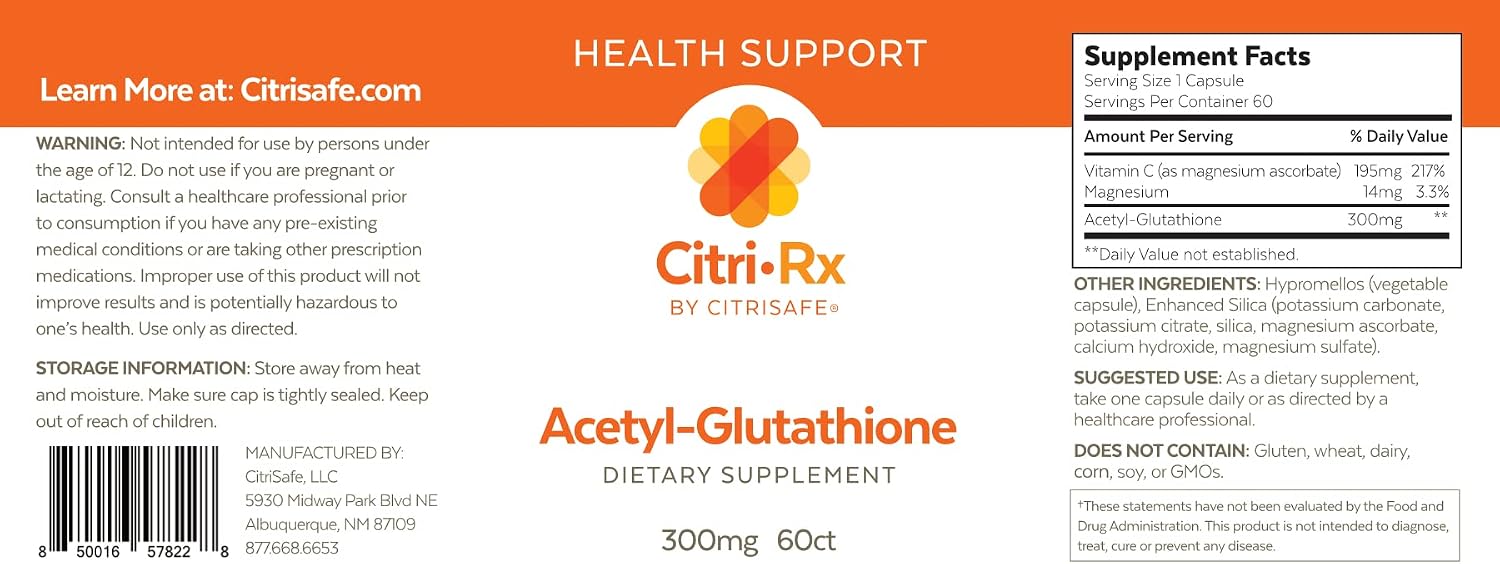 CitriRx Acetyl Glutathione - 300mg, 60 Cápsulas - Suministro para 2 Meses