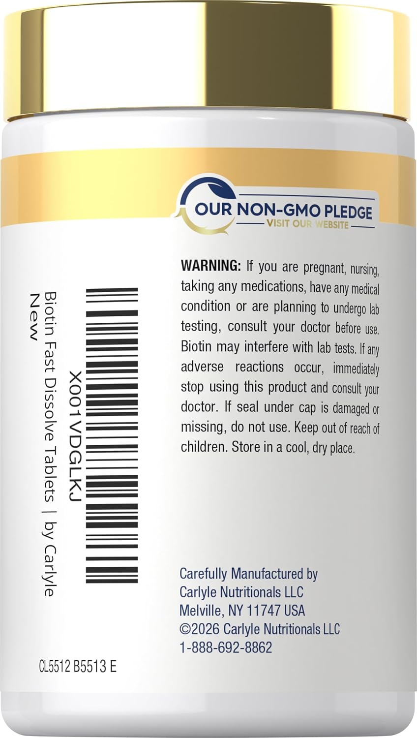 Carlyle Biotin 10000mcg | 250 Comprimidos de Disolución Rápida | Máxima Potencia | Vegetal, No OGM, Sin Gluten