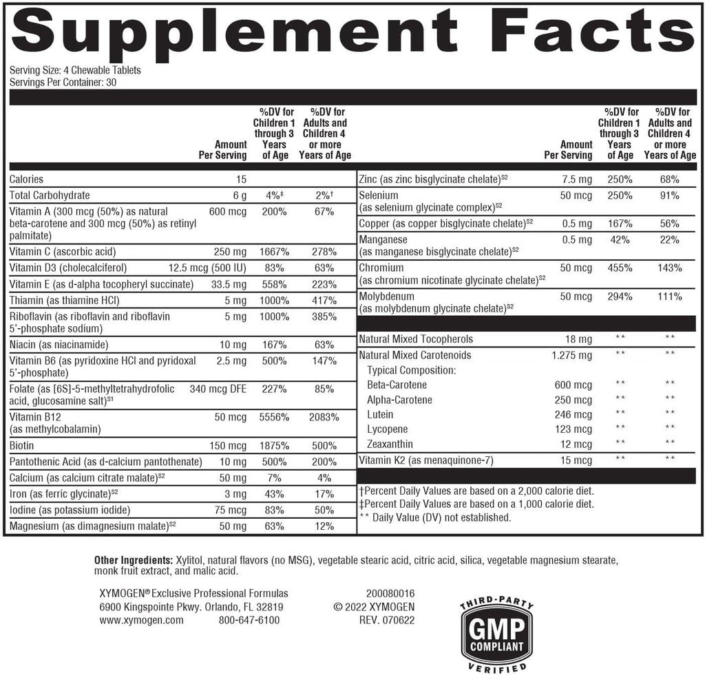 XYMOGEN ActivNutrients Chewable - Multivitamínico Infantil para el Bienestar - Antioxidantes y Micronutrición - Sin OGM ni Gluten - Sabor a Frutos Rojos - 120 Comprimidos