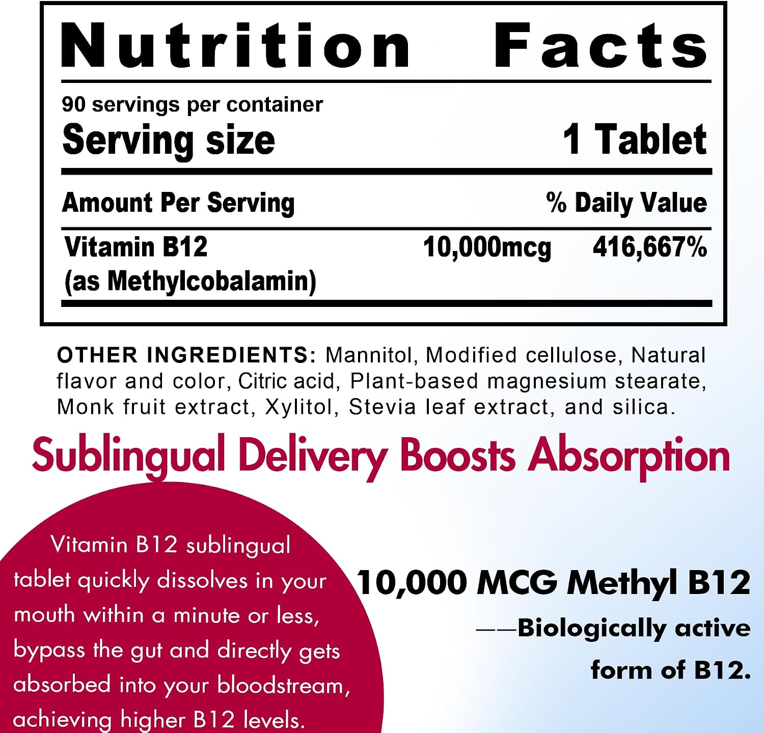 Vitamina B12 Metilcobalamina 10000 mcg – 90 Comprimidos Sublinguales Sabor Fresa – Vegano, Sin Gluten