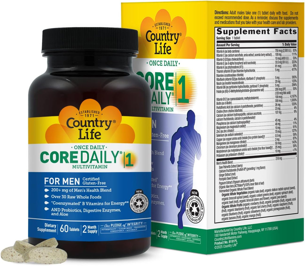 Country Life Core Daily-1 for Men - Multivitamin with Probiotics, Saw Palmetto & Coenzymated B Vitamins - 60 Tablets
