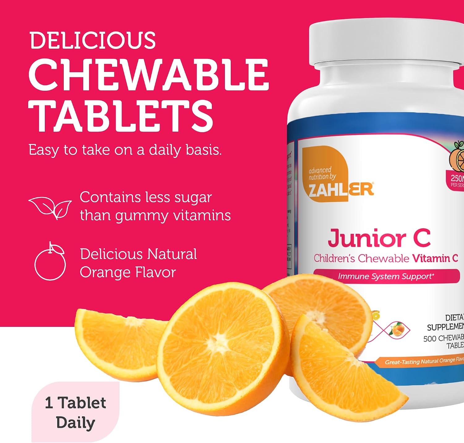 Zahler Junior C Advanced Vitamina C Masticable para Niños - Sabor Naranja - 500 Comprimidos