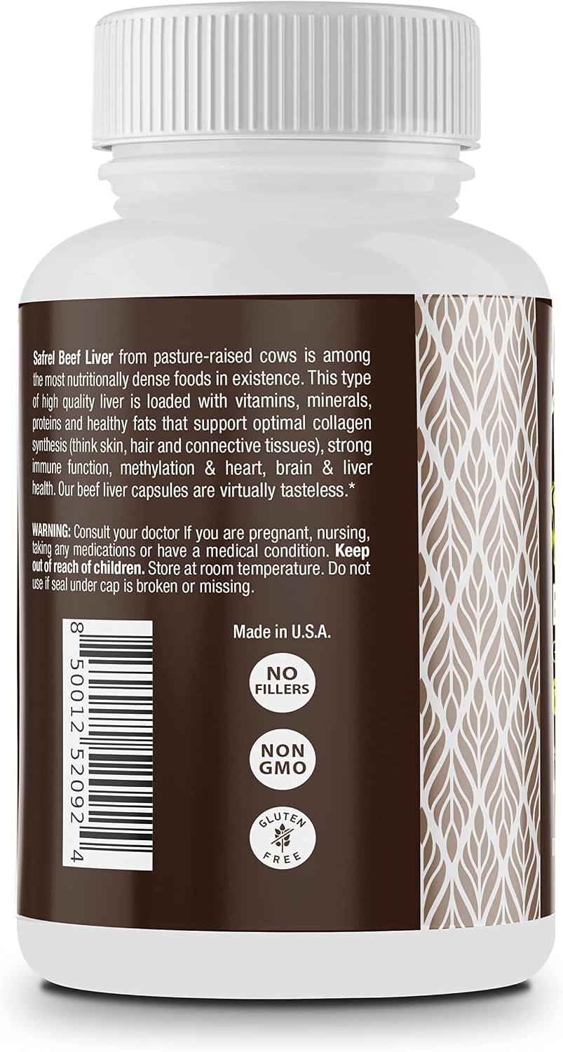 Safrel Grass Fed Cápsulas de Hígado de Res Deshidratado – 750mg – Sin Rellenos – Hierro, Vitamina A y B12 Naturales
