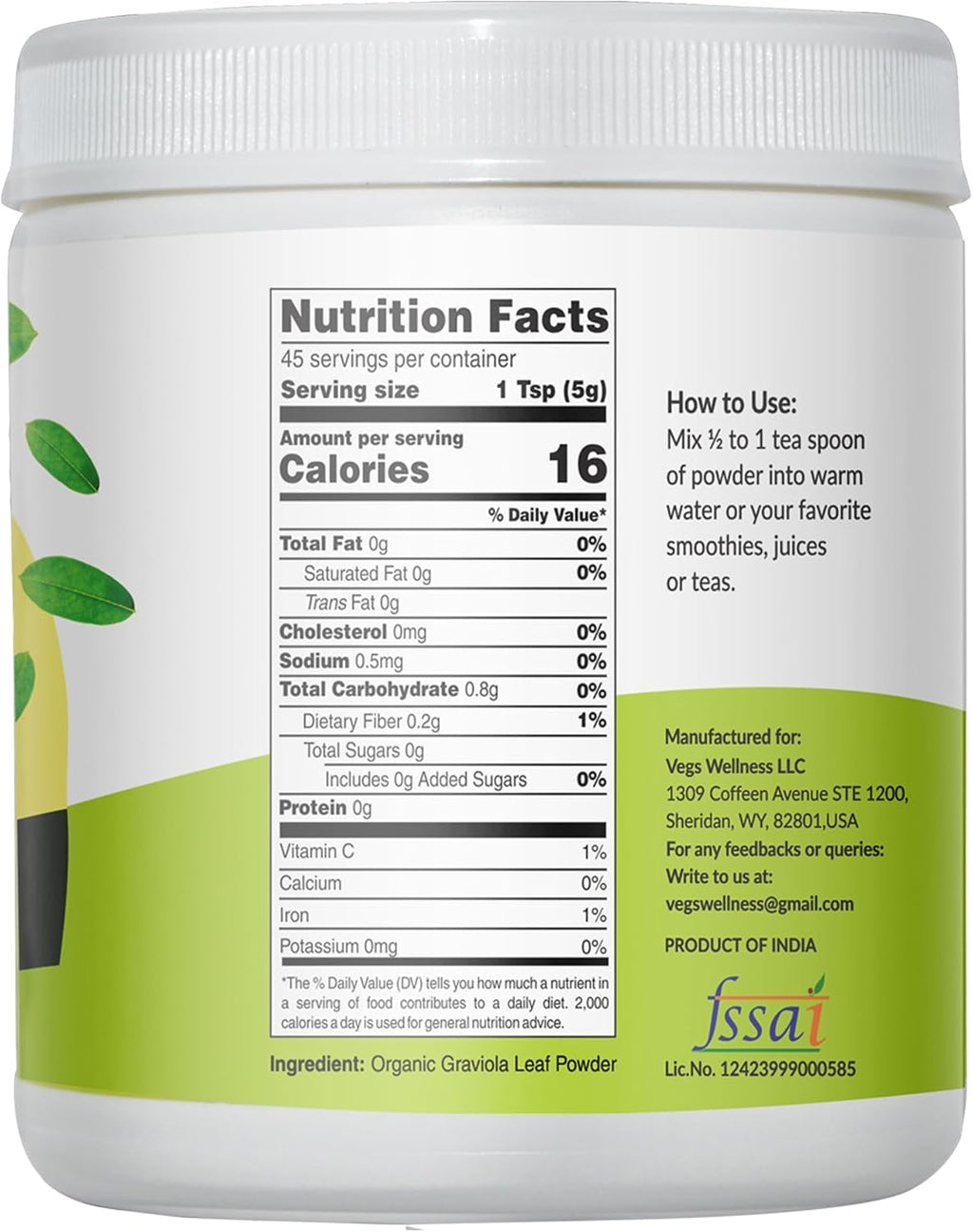 Vegs Graviola Soursop Leaf Powder - Polvo de Hojas de Graviola Orgánico, 8 oz (227 g)