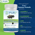 PURE 5 en 1 Fórmula Inmunitaria - 120 Cápsulas - Saúco Negro, Vitamina C, Vitamina D3, Zinc y Jengibre