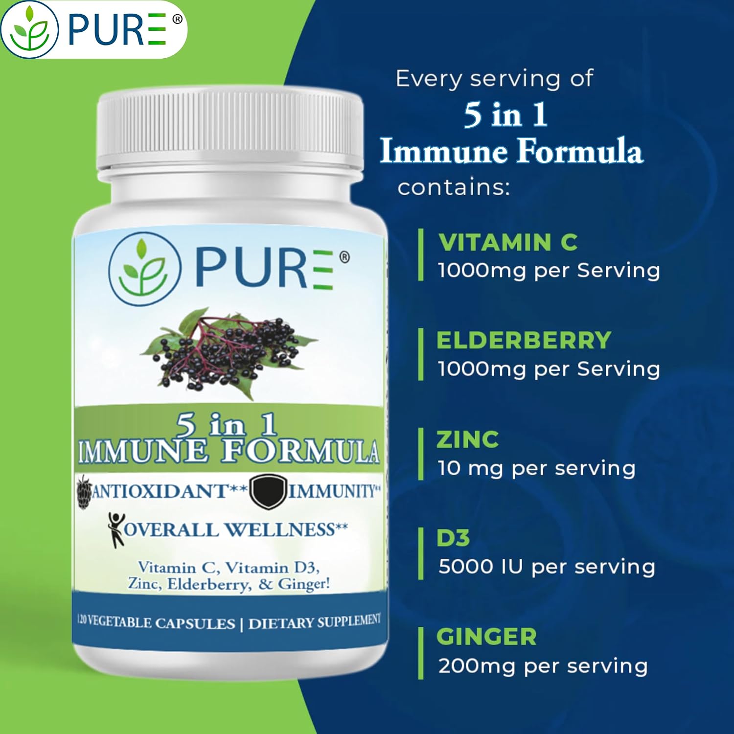 PURE 5 en 1 Fórmula Inmunitaria - 120 Cápsulas - Saúco Negro, Vitamina C, Vitamina D3, Zinc y Jengibre