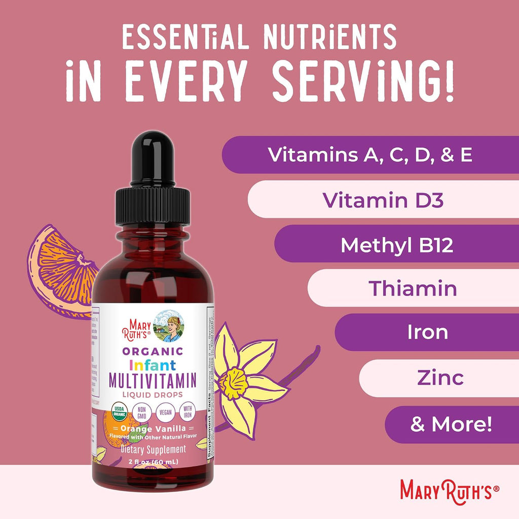 MaryRuth's Organics Multivitamínico con Hierro para Bebés | USDA Orgánico | Gotas Líquidas para Bebés de 6 a 12 Meses | Apoyo Inmunitario y Bienestar General | Vegano | Sin Gluten | 60 ml