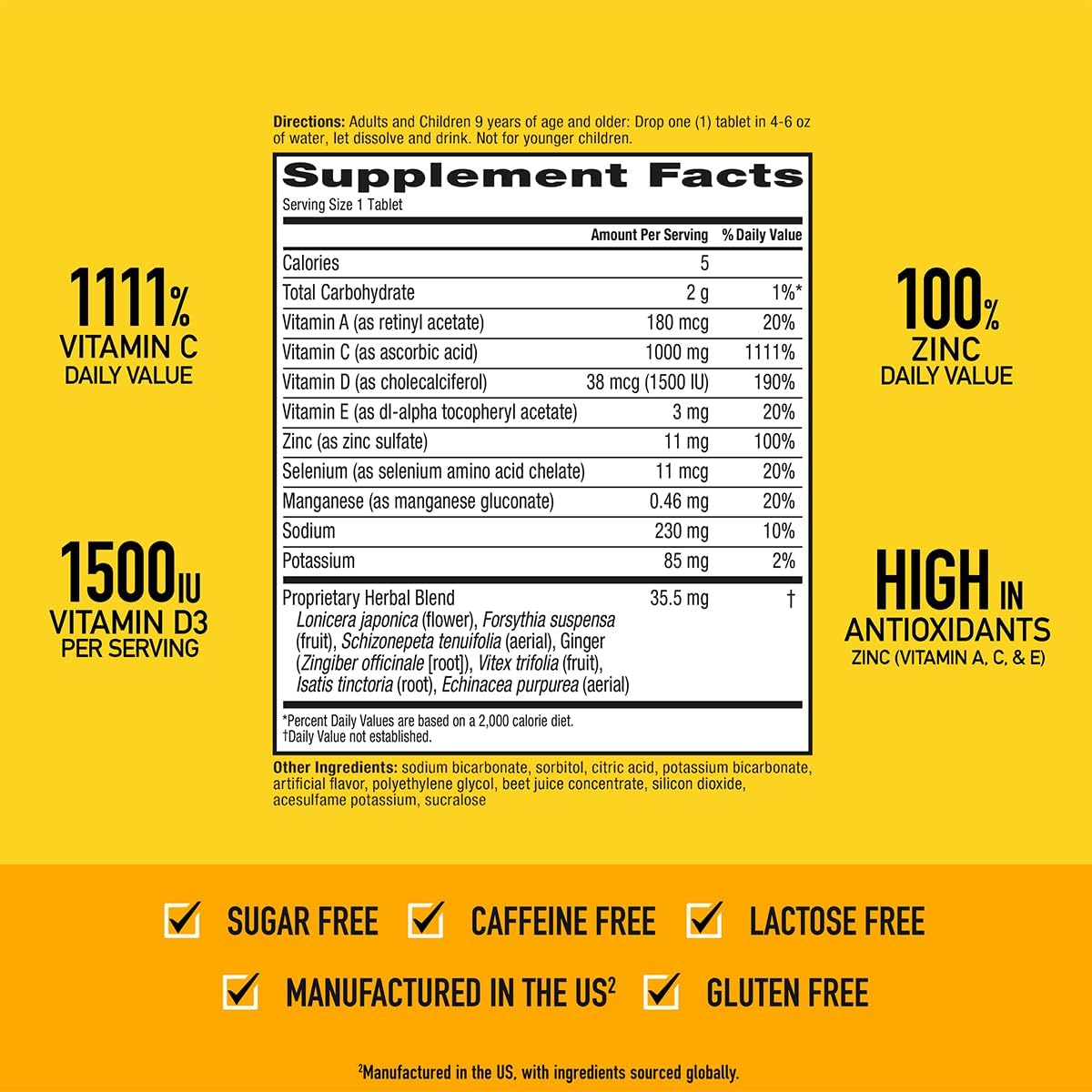 Airborne 1000mg Vitamina C con Vitamina D + Zinc Multivitamínico Sin Azúcar Comprimidos Efervescentes Sabor Very Berry, 30 Comprimidos (2 Pack)