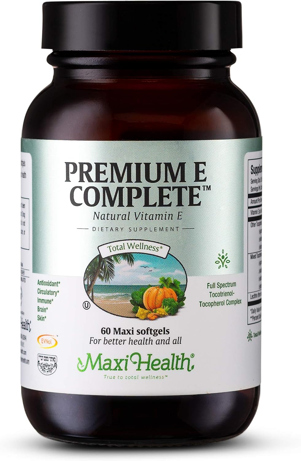 Maxi Health Premium E Complete - 200 UI de vitamina E natural - Sin sintéticos - 60 cápsulas - Sin gluten y Kosher