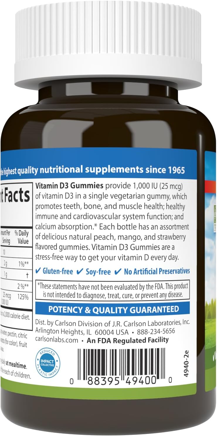 Carlson - Gominolas de Vitamina D3, 1000 UI (25 mcg), para la Salud Ósea y el Sistema Inmunitario, Sabores Naturales de Fruta, 60 Gominolas Vegetarianas