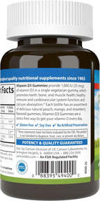 Carlson - Gominolas de Vitamina D3, 1000 UI (25 mcg), para la Salud Ósea y el Sistema Inmunitario, Sabores Naturales de Fruta, 60 Gominolas Vegetarianas