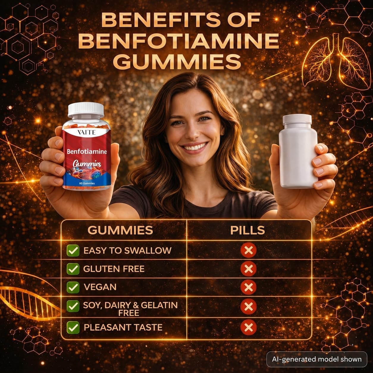 VAITE Benfotiamina 320mg Gomitas con L-Leucina 45mg | Complejo de Vitamina B1
