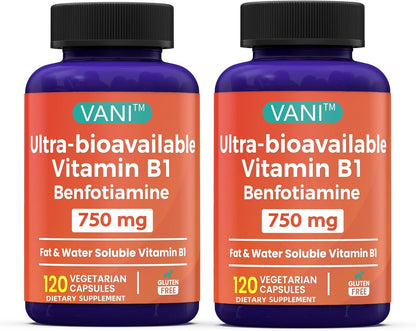 Mega Benfotiamine 750mg con Vitamina B-1, Benfotiamina Altamente Biodisponible, Sin Gluten, 120 Cápsulas