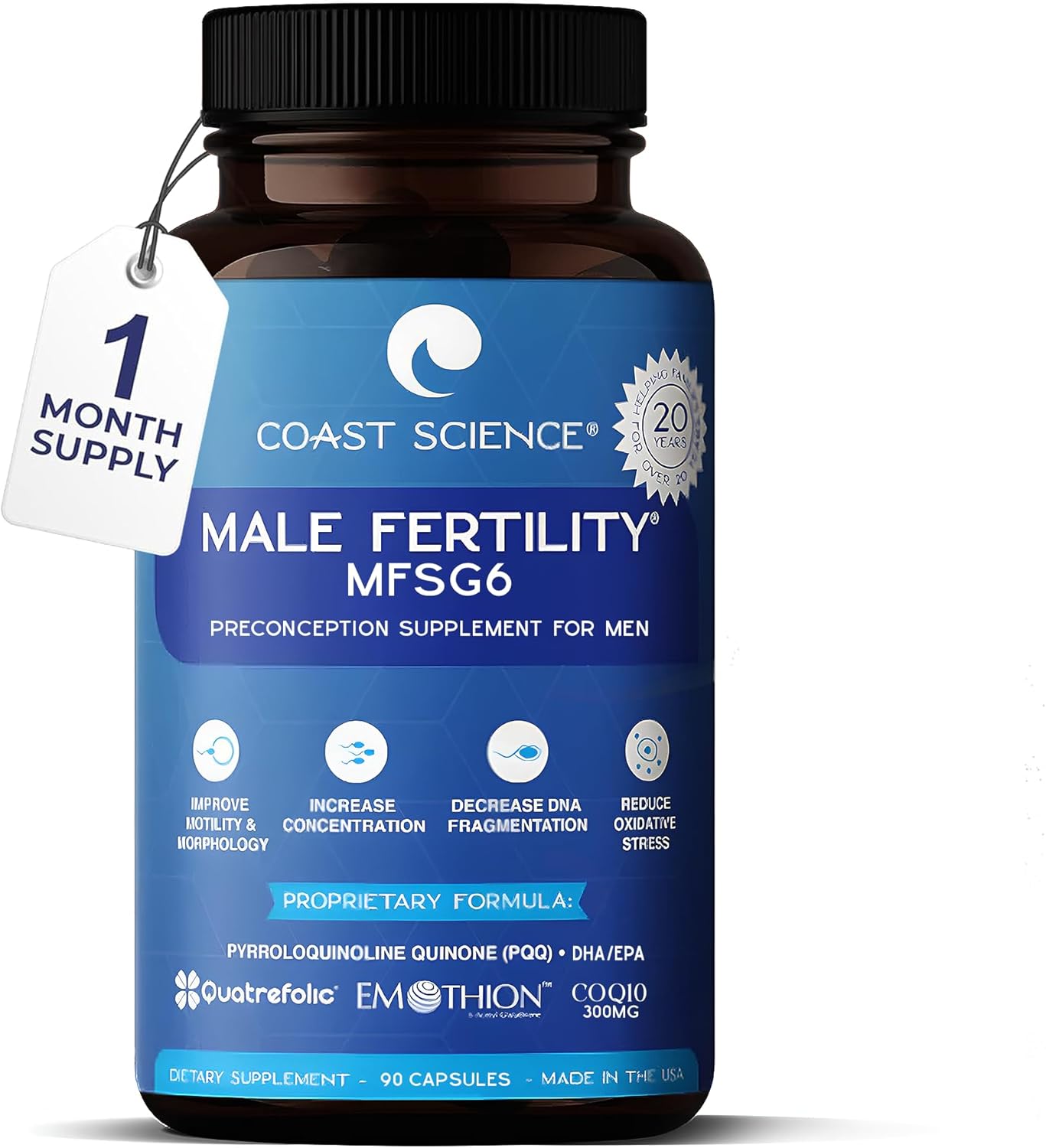 Coast Science MFSg6 - Male Fertility Supplement with CoQ10, Ashwagandha, and PQQ - 90 Capsules