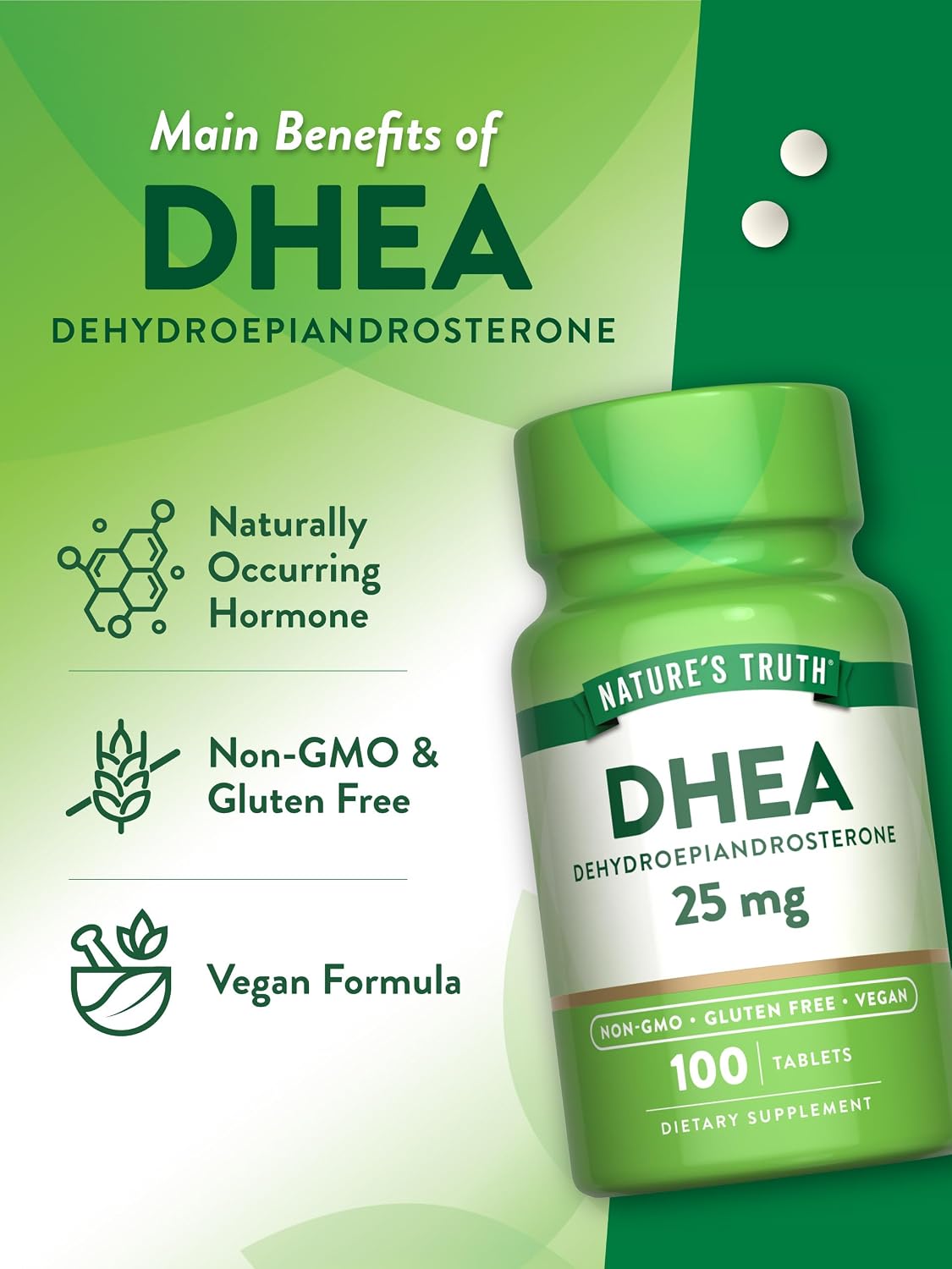 Nature's Truth DHEA 25mg Comprimidos - 100 uds - Vegano, No GMO y Sin Gluten