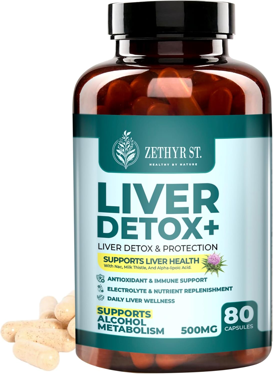 Zethyr St. Liver Detox+ con Cardo Mariano - Dosis Premium - Limpieza Hepática con NAC, ALA, Colina y Vitaminas B - 80 Cápsulas para Apoyo Antioxidante Diario