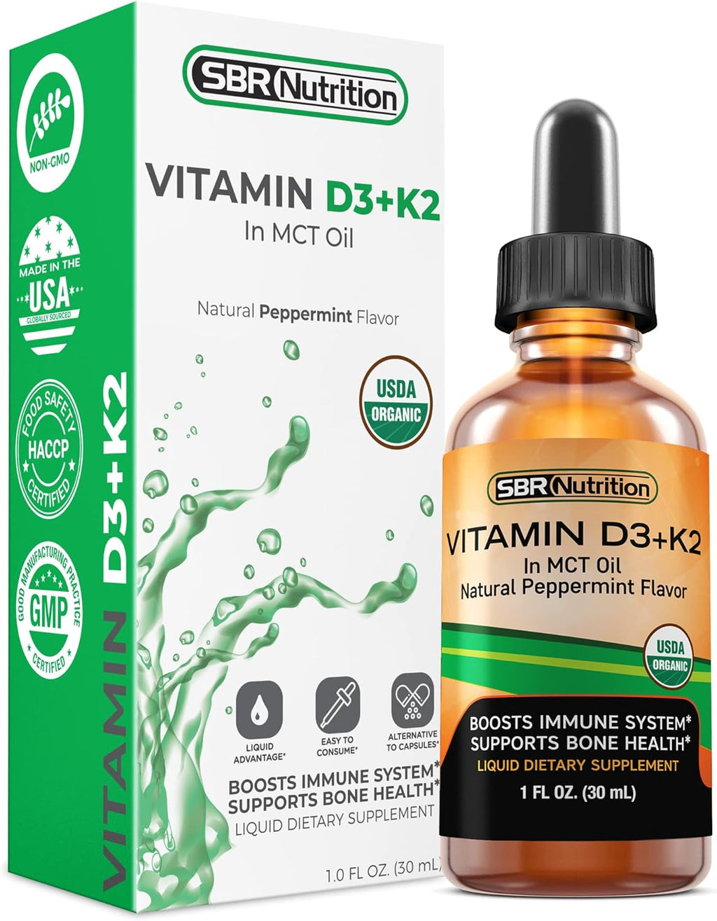 SBR Nutrition MAX Absorption - Vitamina D3 + K2 (MK-7) Gotas Líquidas con Aceite MCT, Sabor Menta