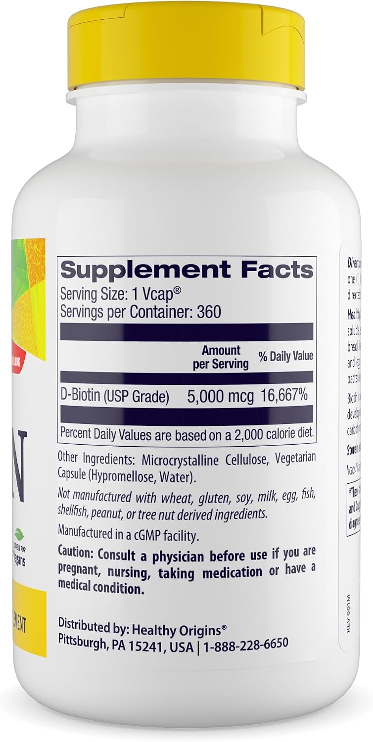Healthy Origins Biotina 5.000 mcg (5 mg), 360 Cápsulas Vegetales - Complemento de Vitamina B7 de Alta Potencia - Grado USP - No Transgénico, Vegano y Sin Gluten