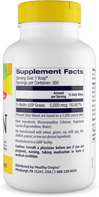Healthy Origins Biotina 5.000 mcg (5 mg), 360 Cápsulas Vegetales - Complemento de Vitamina B7 de Alta Potencia - Grado USP - No Transgénico, Vegano y Sin Gluten