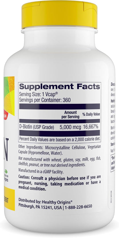 Healthy Origins Biotina 5.000 mcg (5 mg), 360 Cápsulas Vegetales - Complemento de Vitamina B7 de Alta Potencia - Grado USP - – Image 2