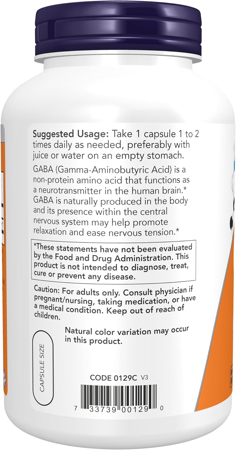 NOW Foods GABA (Ácido Gamma-Aminobutírico) 750 mg, 200 Cápsulas Vegetales