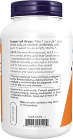 NOW Foods GABA (Ácido Gamma-Aminobutírico) 750 mg, 200 Cápsulas Vegetales