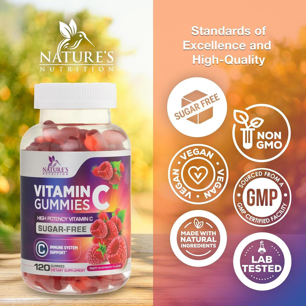 Gominolas de Vitamina C Sin Azúcar - Apoyo Inmune y Antioxidante - Vegano, Sin Gluten - Sabor Frambuesa - 120 Gominolas